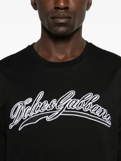 Dolce & Gabbana Men Cotton T-shirt With Embossed Logo Embroidery In Black