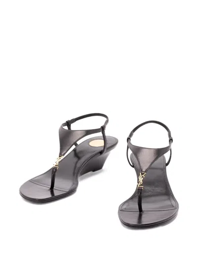 Saint Laurent Cassandra Smooth Leather Wedge Sandals In Black
