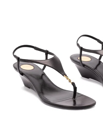 Saint Laurent Cassandra Smooth Leather Wedge Sandals In Black