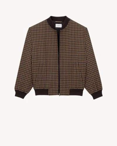 Saint Laurent Cassandre Bomber Jacket In Wool Check In Multi