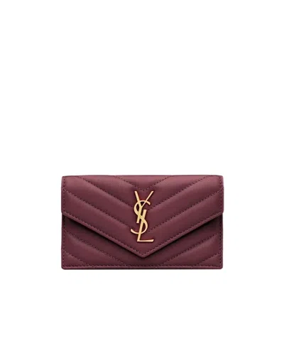 Saint Laurent Lambskin Cassandre Fragments Flap Card Holder In Burgundy