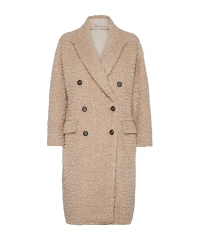 Brunello Cucinelli Boucle Double-breasted Coat Sequin Embellishment In Brown