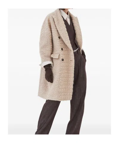 Brunello Cucinelli Boucle Double-breasted Coat Sequin Embellishment In Brown