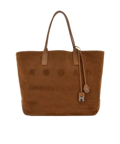 Hogan Medium Script Logo Leather Shoulder Bag In Brown