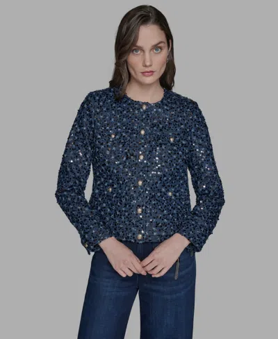 Karl Lagerfeld Women's Sequin-embellished Textured Tweed Jacket In Blue