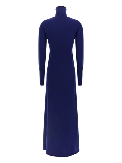Tom Ford High Neck Buttoned Maxi Dress With Long Sleeves In Blue