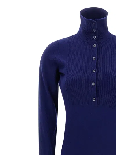 Tom Ford High Neck Buttoned Maxi Dress With Long Sleeves In Blue
