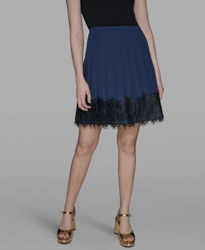 Karl Lagerfeld Women's Lace-hem Pleated Skirt In Blue
