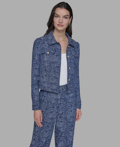 Karl Lagerfeld Womens Printed Denim Button Front Jacket P Xs Xl In Blue