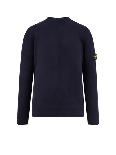 Stone Island Crew-neck Wool Blend Sweater With Logo Patch In Blue
