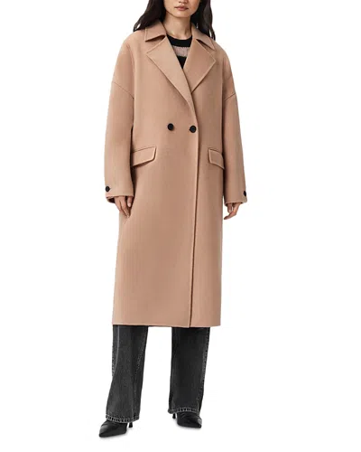 Allsaints Womens Camel Brown Sellema Notched-lapel Wool Blend Coat In Pink