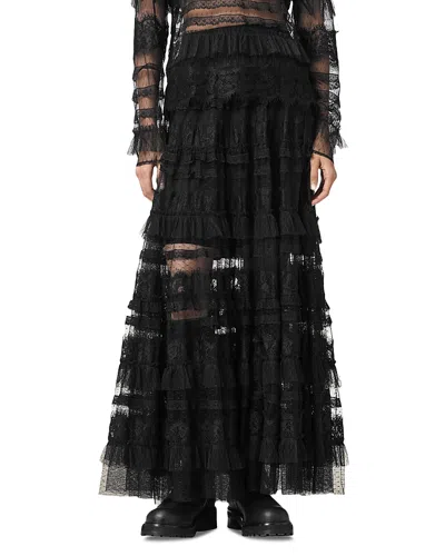 Allsaints Womens Black Arlea Elasticated-waist Lace-trim Woven Maxi Skirt
