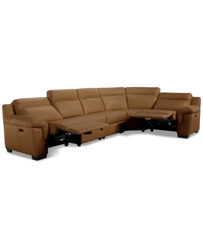 Macy's Julius Ii 5-pc. Leather L Sectional With 2 Power Recliners,  Exclusive In Brown