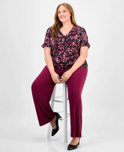 Ak Anne Klein Plus Size Floral-print V-neck Top In Multi