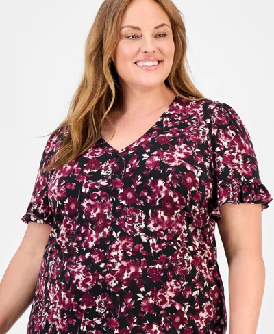 Ak Anne Klein Plus Size Floral-print V-neck Top In Multi