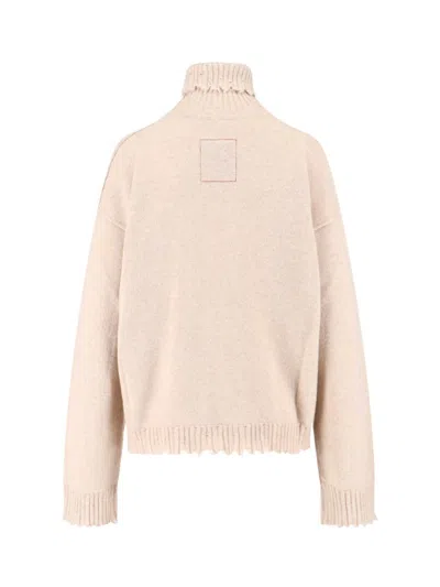 Uma Wang High Neck Cashmere Sweater With Frayed Edges In Neutral