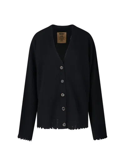 Uma Wang Frayed Hem V-neck Over Cardigan Knitwear In Black