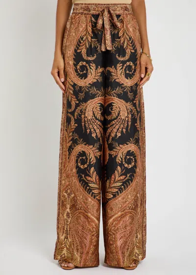 Zimmermann Wide-leg Trousers With Intricate Baroque Print And Adjustable Waistband In Multi