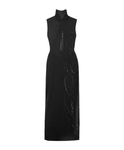 Jean Paul Gaultier Tulle Maxi Dress With Halterneck, Sequins, And Embe In Black
