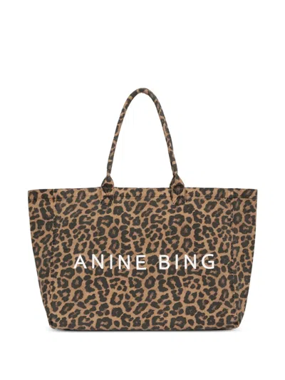 Anine Bing Leo Canvas Tote In Black And Brown Leopard In Brown