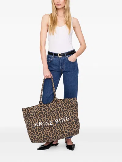 Anine Bing Leo Canvas Tote In Black And Brown Leopard In Brown