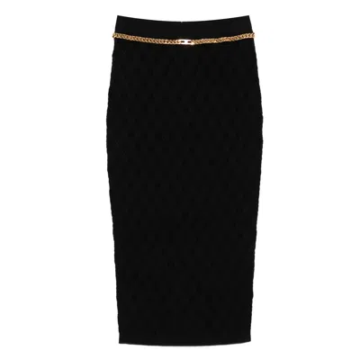 Elisabetta Franchi Black Diamond Knit Skirt With Jewel Detail In Black