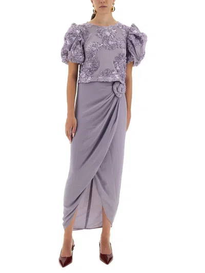 Rotate Birger Christensen 3d Floral Mesh Top With Voluminous Puff Sleeves In Purple