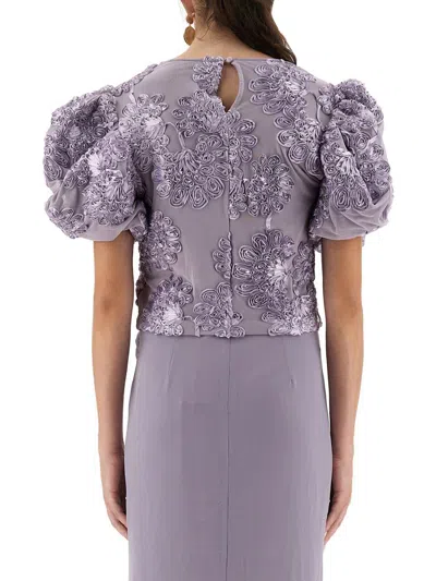 Rotate Birger Christensen 3d Floral Mesh Top With Voluminous Puff Sleeves In Purple