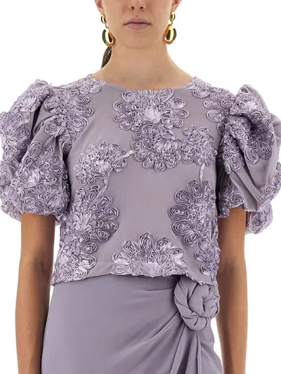 Rotate Birger Christensen 3d Floral Mesh Top With Voluminous Puff Sleeves In Purple