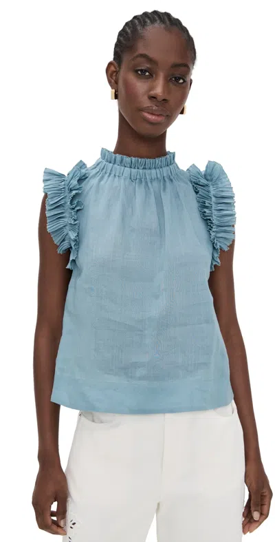 Sea Anise Solid Flutter Sleeve Top In Blue In Blue
