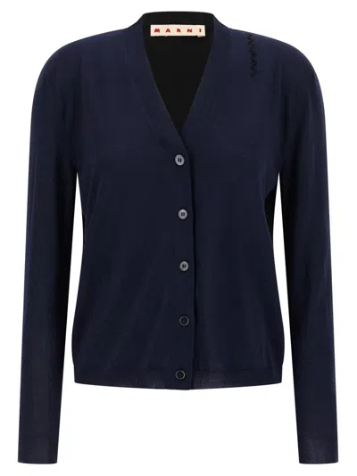 Marni Two-tone Wool And Silk Cardigan With Embroidered Detail In Blue