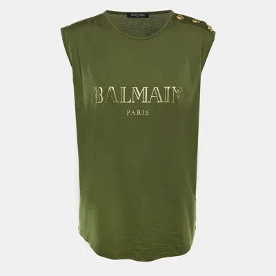 Pre-owned Balmain Olive Green Logo Print Cotton Sleeveless T-shirt L