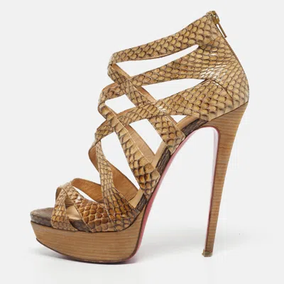 Pre-owned Christian Louboutin Brown/beige Python Leather Balota Platform Sandals Size 38.5