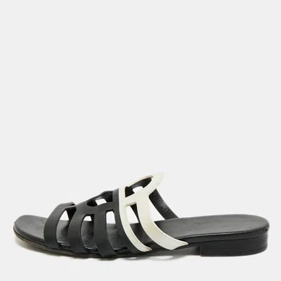 Pre-owned Hermes Black/white Leather Flat Slides Size 40