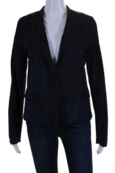 Not Available Elie Tahari Womens One Button Laser Cut Trim Marielle Suede Jacket Navy Medium In Black
