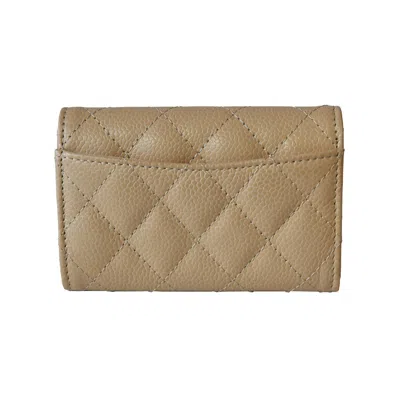 Pre-owned Chanel Cc Quilted Caviar Flap Card Holder Wallet Beige Silver