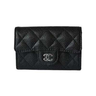 Pre-owned Chanel Cc Quilted Caviar Flap Card Holder Wallet Black Silver