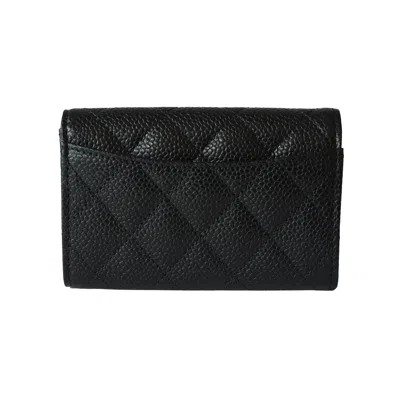 Pre-owned Chanel Cc Quilted Caviar Flap Card Holder Wallet Black Silver