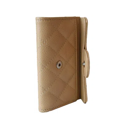 Pre-owned Chanel Cc Quilted Caviar Flap Card Holder Wallet Beige Silver