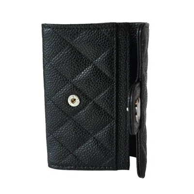 Pre-owned Chanel Cc Quilted Caviar Flap Card Holder Wallet Black Silver