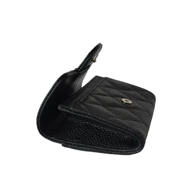 Pre-owned Chanel Cc Quilted Caviar Flap Card Holder Wallet Black Silver