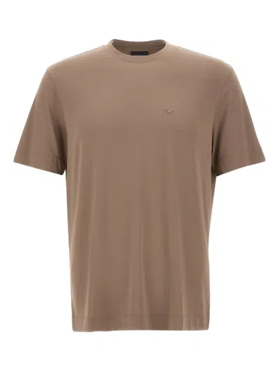 Emporio Armani Crew Neck Micro Eagle Embroidery T-shirt In Brown