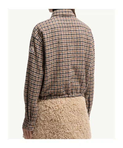 Moncler Houndstooth Wool Blend Blouson Jacket In Brown