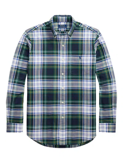 Polo Ralph Lauren Mens White/gree Checked Logo-embroidered Cotton Shirt In Blue