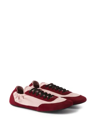 Prada Renylon Suede Collapse Sneakers Contrast Panels In Burgundy