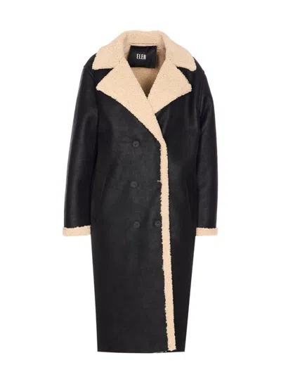 Eleh Double-breasted Fleece-trimmed Coat In Black