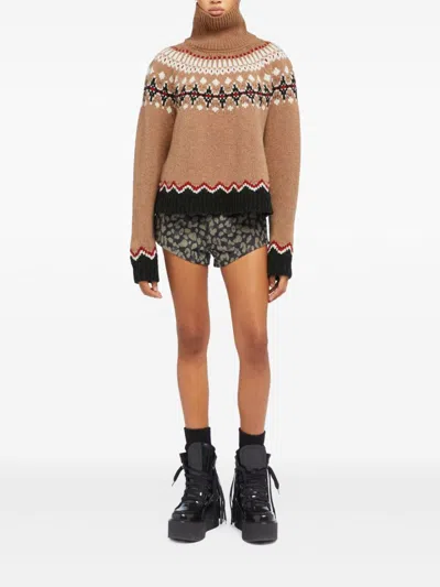 Alanui Patterned Camel Turtleneck Sweater With Geometric And Floral Motifs In Brown