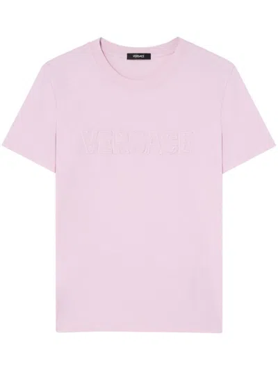 Versace Fringed Logo T-shirt For Casual Style In Pink