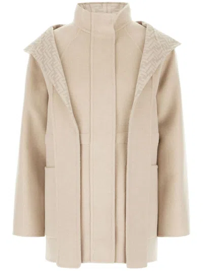 Fendi Beige Wool Parka With Removable Stole And Ff Monogram In Nude