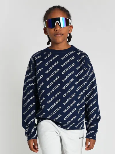 Balenciaga Kids All Over Logo Sweatshirt In Blue